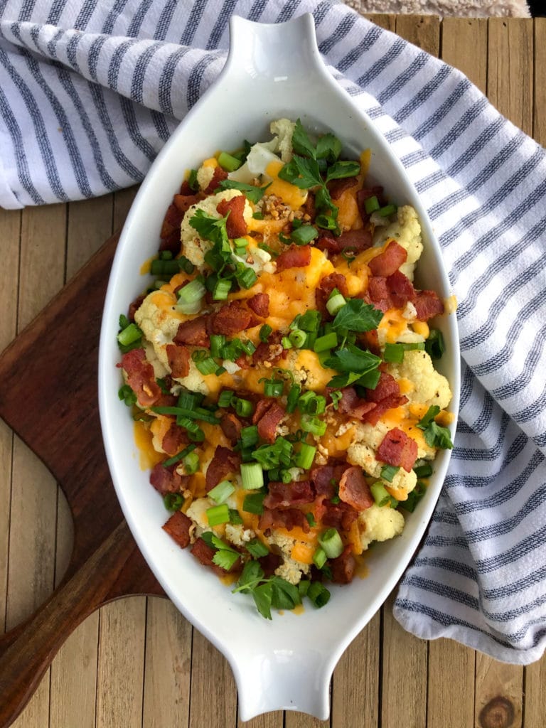 Loaded cauliflower with cheese and bacon- Keto Friendly Side Dish
