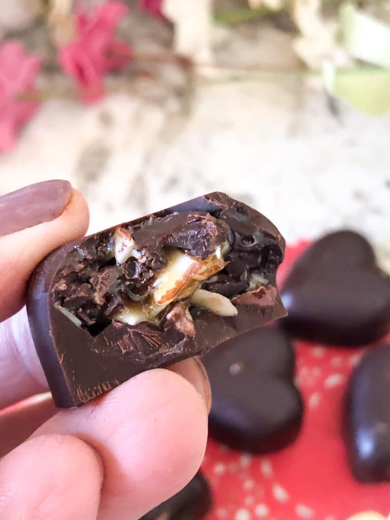 Chocolate candy with nuts and gooey center