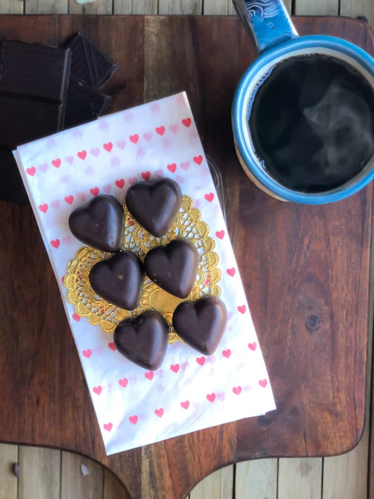 Dark Chocolate Candies with a cup of coffee