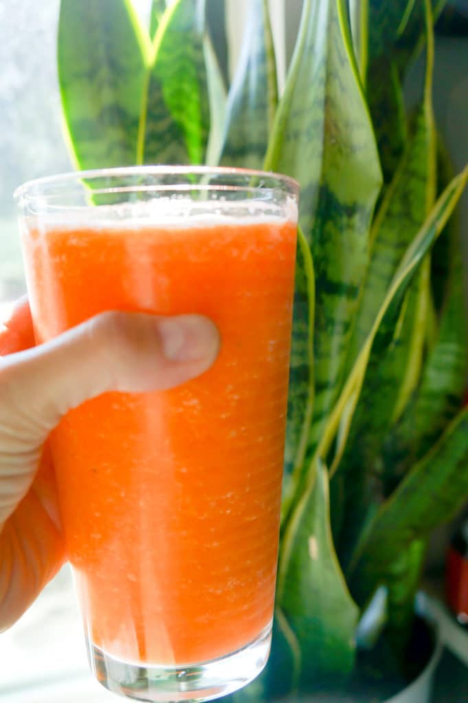 Ginger smoothie with carrot, orange, and lemon being held up in front of a green plant. 