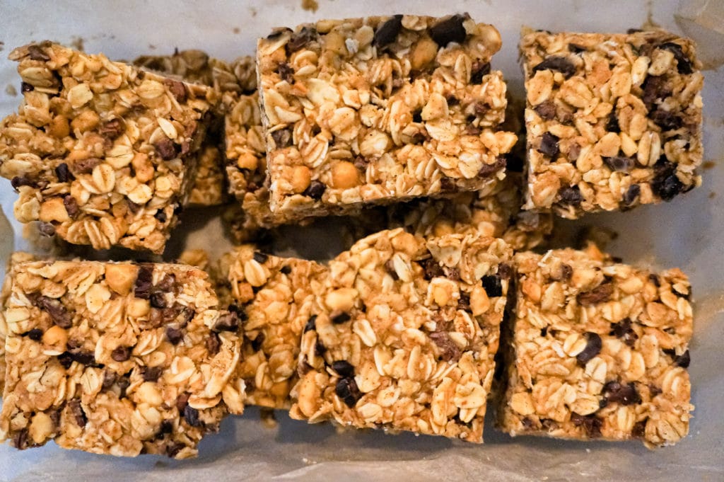 Peanut Butter oatmeal bars in a storage container.