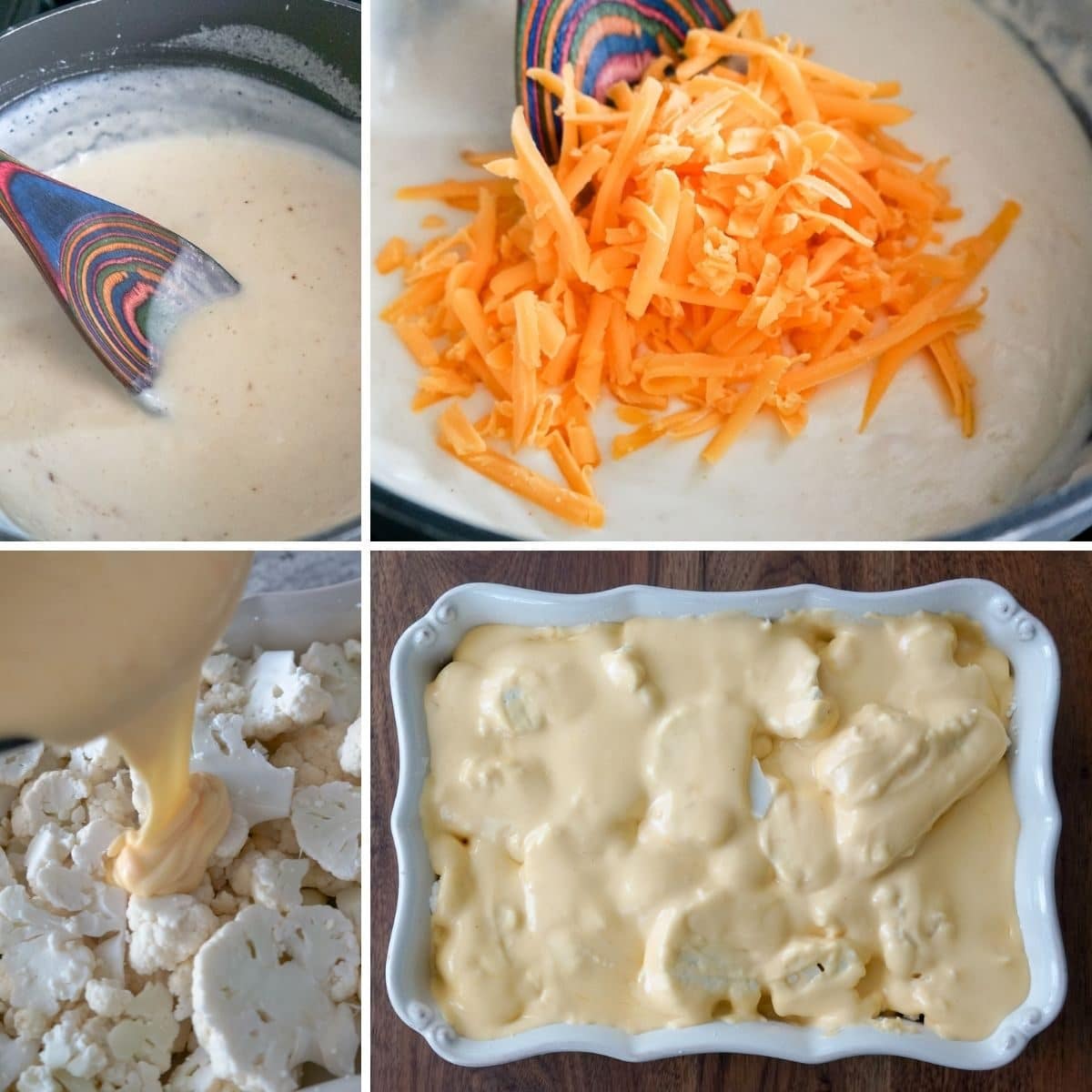 How to make cauliflower au gratin in by-step photographs. Making the cream sauce, adding the cheese, pouring cheese sauce on top of sliced cauliflower, and baking the cauliflower casserole.