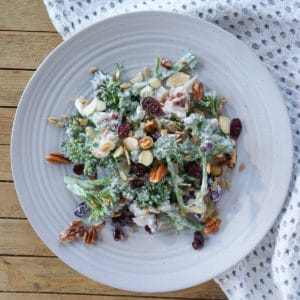 broccolini salad on a white plate