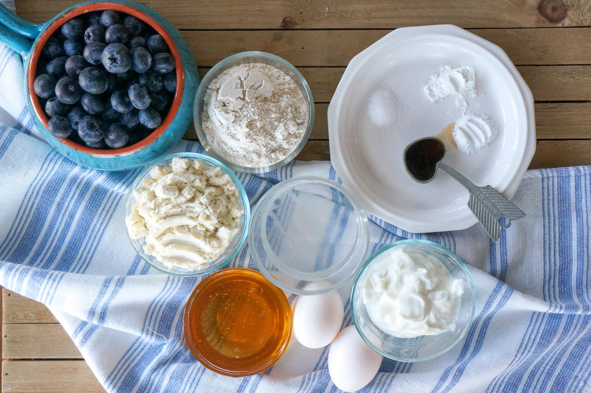 protein blueberry muffin ingredients on a table