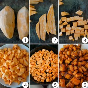 6 pictures showing how to cut, slice, then cube sweet potatoes for pan searing.