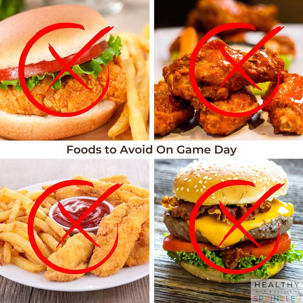 Fried and spicy food marked out with a no sign to show foods to avoid on game days for soccer players.