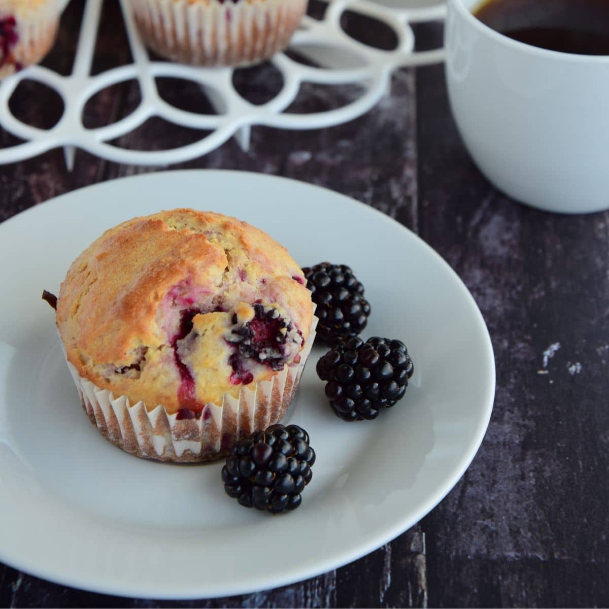 Homemade Oatmeal Blackberry Muffin on a plate with fresh blackberries. 