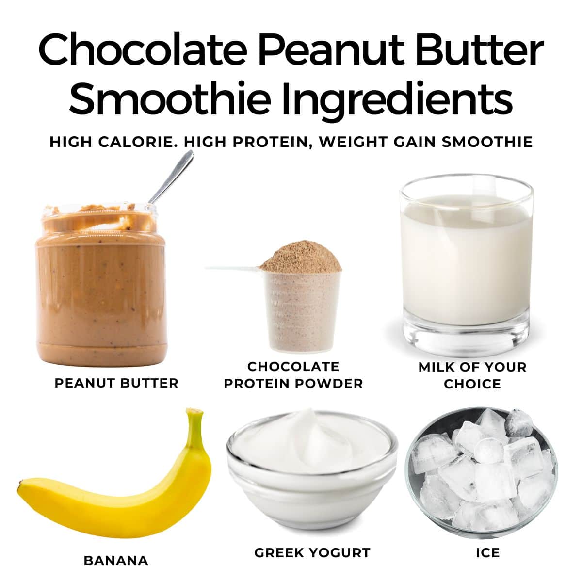 High calorie High Protein Smoothie ingredients: peanut butter, whey protein, milk, banana, Greek yogurt, and ice